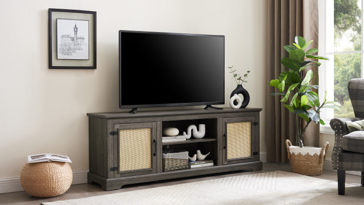 Farmhouse Rattan Tv Stand Console Table For Tvs Up To 70 Inches, Tv Console Table With 2 Storage Shelves, 2 Natural Rattan Door Cabinets, 65"W*15.55"D*23.86"H, Gray
