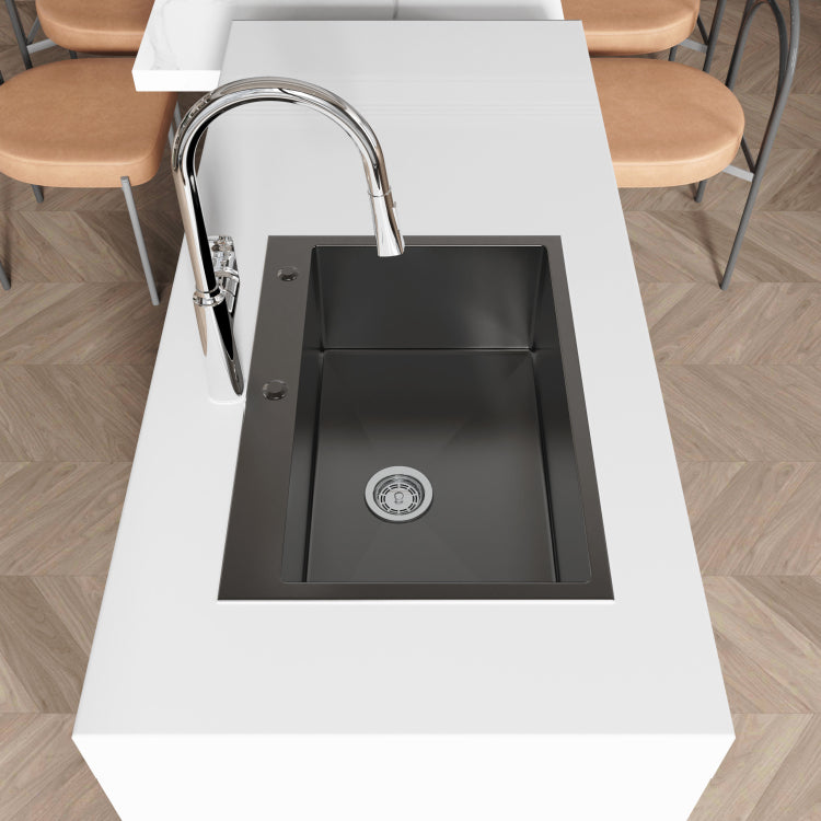 Stainless Steel Kitchen Sink, 27 X19 Single Bowl, Overmount Handmade Sink In Black, With Us Standard Drain And Hook, Ls Ssbl01