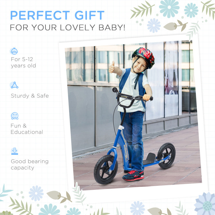 Homcom Kick Scooter For Kids 5 12 Years Old, Big Wheel Kids Scooter With Adjustable Height Handlebar, Non Slip Footplate, Rear Brake, Blue