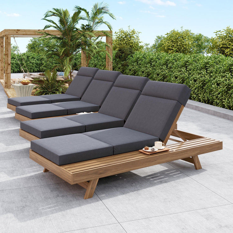 Lounge Chaise Set With Headrest, Space Available On One Side, Acacia Wood In Light Brown With Water Resistant Lounge Cushions Dark Grey & 3 Fold & 4 Inch Matching Cream Beige Version Available
