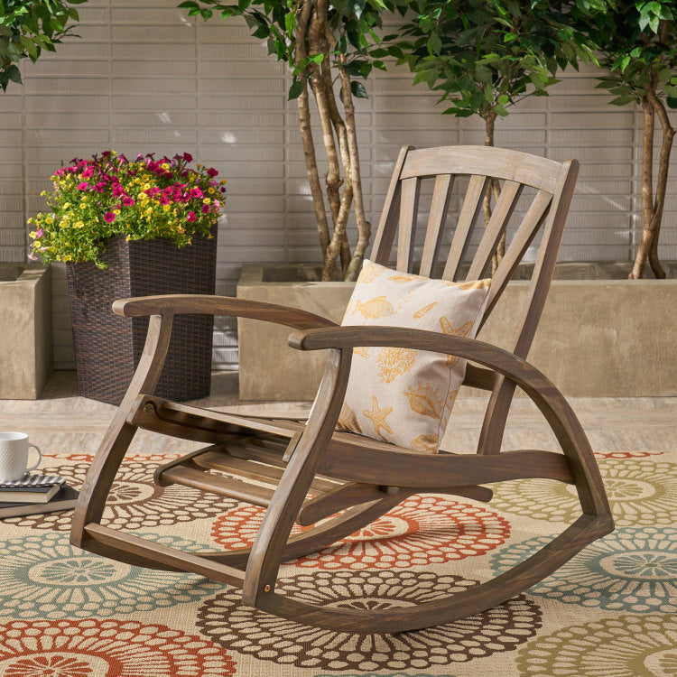 Outdoor Acacia wood Rocking Chair with Retractable grey - wood