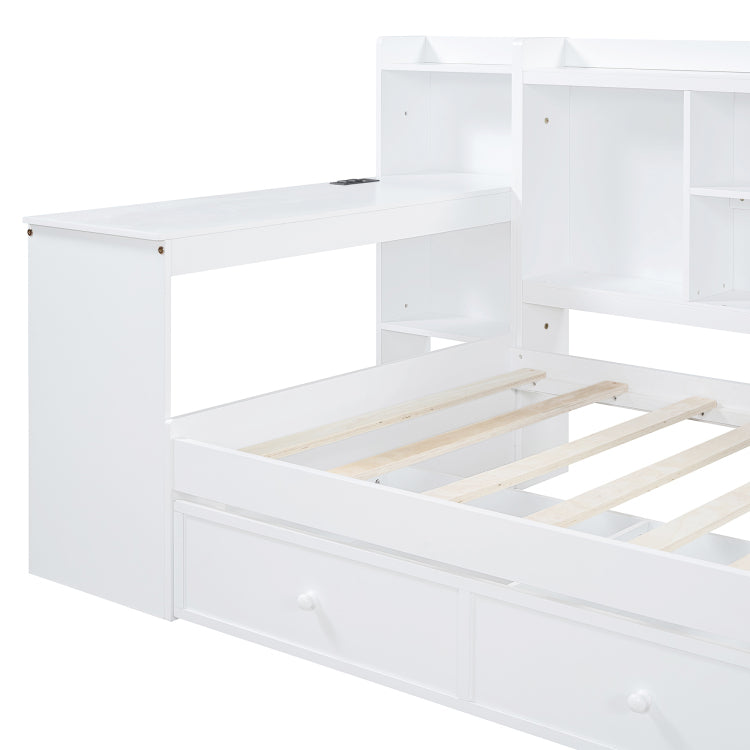 Twin Size Wooden Daybed With 3 Drawers, Usb Ports And Desk , White