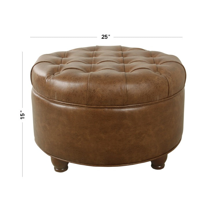 Gery Accent Storage Ottoman, 25 Inch Round Tray Top Brown Faux Leather