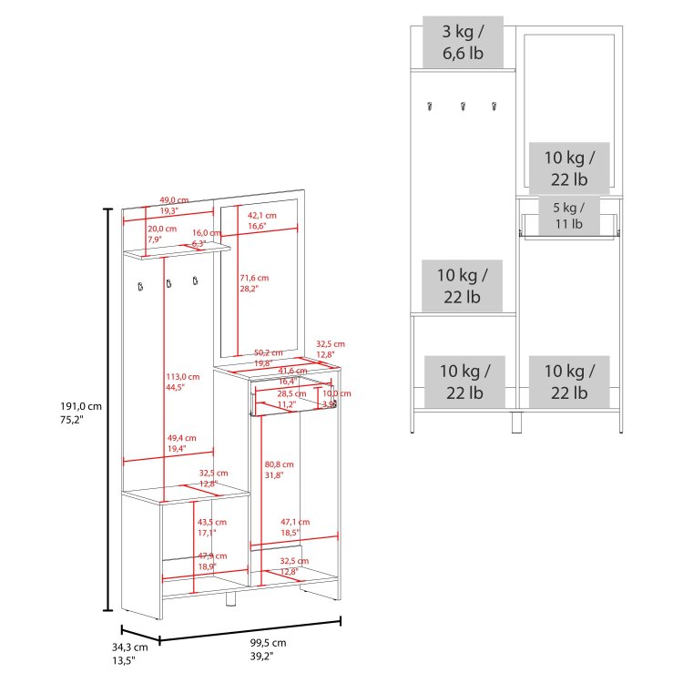 Natural Oak Hall Tree Multistorage With 1 Mirror And Adjustable Legs