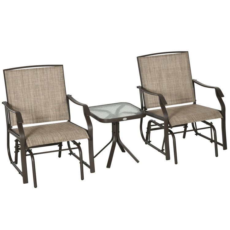 Outsunny 3 Piece Outdoor Glider Chair With Coffee Table Bistro Set, 2 Patio Rocking Swing Chairs With Sling Fabric, Glass Tabletop, For Backyard, Garden And Porch, Mixed Brown