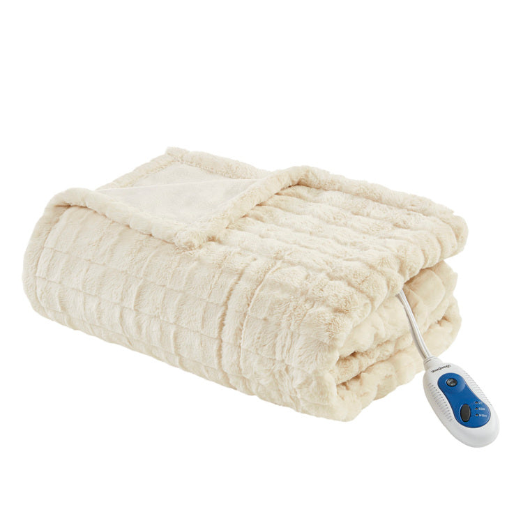 1 Pcs 50X70" Oversized Faux Fur Heated Throw Ivory Texture