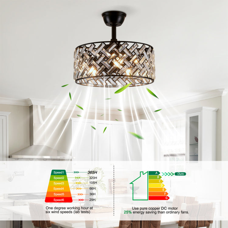 18'' Crystal Cage With Remote Control ,Quiet Motor Fan Light , Indoor Crystal Chandelier For Bedroom, Living Room, Dinning Room, Kids Room Matte Black Bulbs Not Included