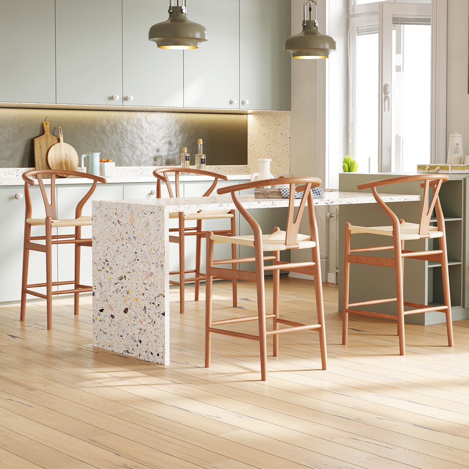 Wishbone Barstool,Weave Counter Height Bar Stools, Fully Assembled Rattan Bar Chairs For Kitchen Island,1Pc,Walnut