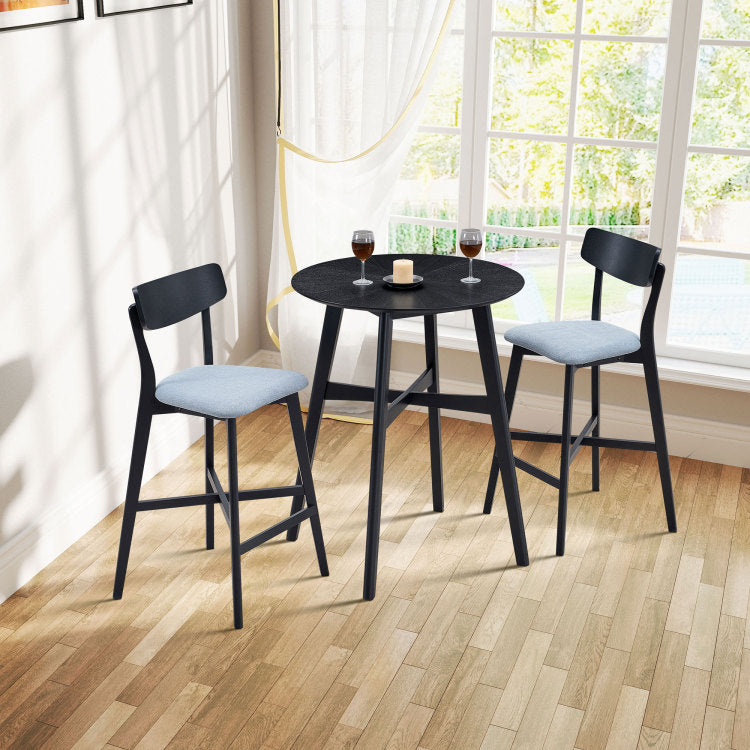 Wooden Bar Chairs Set Of 2, Modern Soft Upholstered Kitchen Island Chairs, Counter Height Stool With Backrest,Wooden Frame Chairs With Footrest For Pub,Living Room,Restaurant,Black
