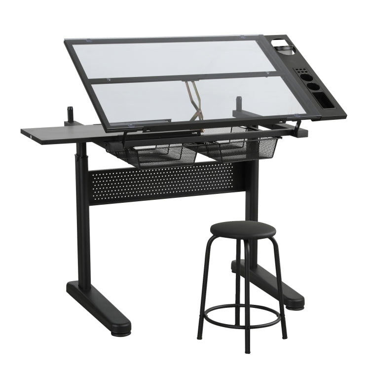 Hand Crank Adjustable Drafting Table Drawing Desk With 2 Metal Drawers Black With Stool