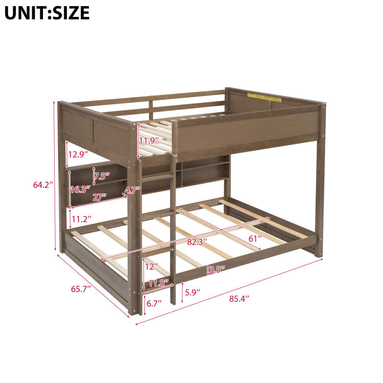 Queen Over Queen Bunk Bed With Storage Cabinets And Usb Ports, Antique Wood Color