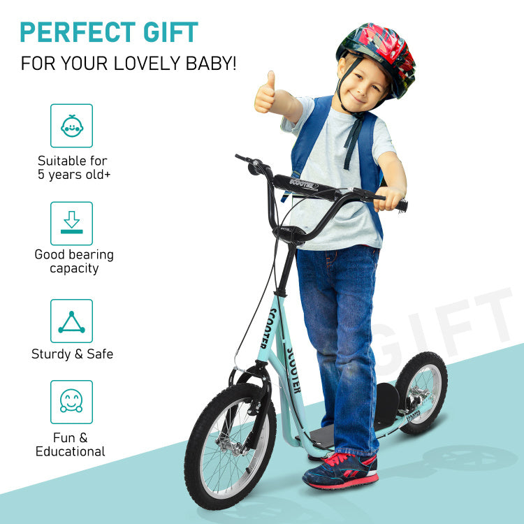 Aosom Youth Scooter, Teens Kick Scooter, Adjustable Handlebar Ride On Toy For 5 With 16" Front And 12" Rear Dual Brakes Inflatable Wheels, Blue