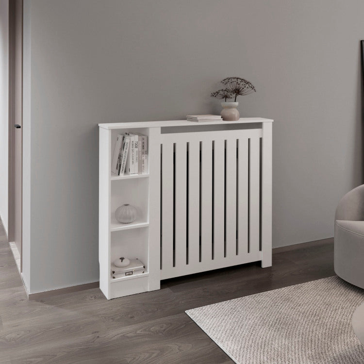 Radiator Cover Cabinet Joseph With Slatted Frame And 3 Shelves, Decorative Heater Cover, Modern Furniture Accent, White
