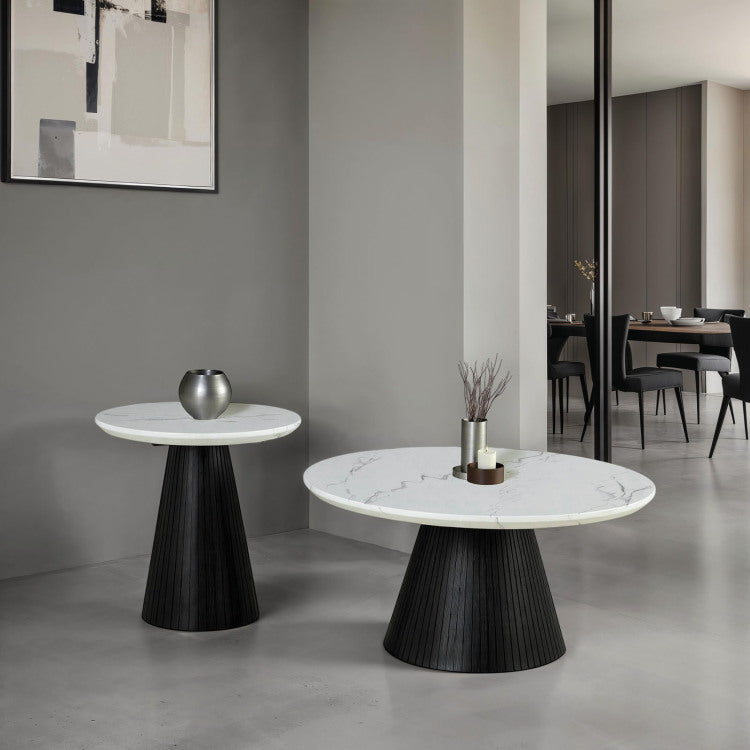 Contemporary Style Round Cocktail Table Faux Marble Top Reeded Drum Base Black Finish Primary Living Room