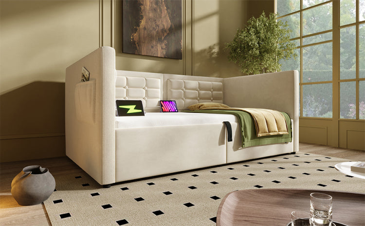 Upholstered Twin Size Daybed, Hydraulic Storage Twin Bed Frame With Usb & Type C Charging, Bed Frame With Wooden Slats And Tufted Sofa Back, Beige, Velvet Without Mattress
