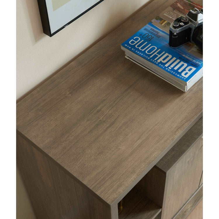 Compact Display Storage Sideboard Bookcase Cabinet Two Door Four Open Shelves Metal Knobs Wooden Flared Legs