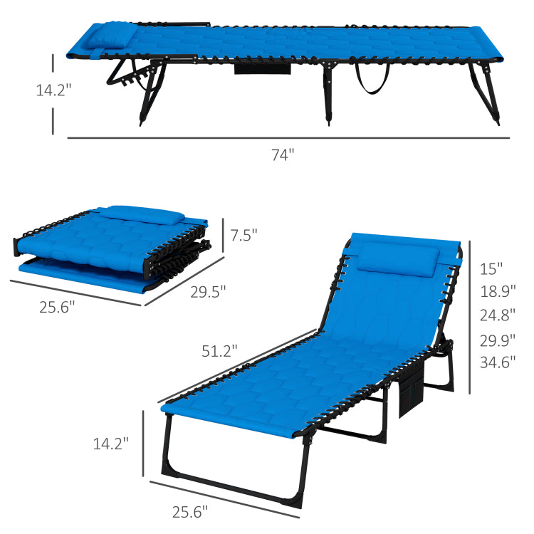 Outsunny Folding Chaise Lounge Set With 5 Level Reclining Back, Outdoor Lounge Tanning Chair With Padded Seat, Side Pocket & Headrest For Beach, Yard, Patio, Blue