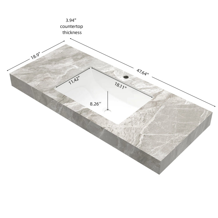 48" Muri Light Gray Sintered Stone Countertop And Undermount Ceramic Basin With One Standard Pre Drilled Faucet Hole, No Cabinet, No Faucet And Sink Cover
