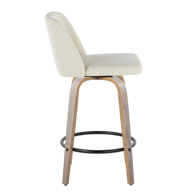 26" Contemporary Fixed Height Counter Stool With Swivel In Light Grey Wood And Cream Fabric With Round Black Metal Footrest Set Of 2