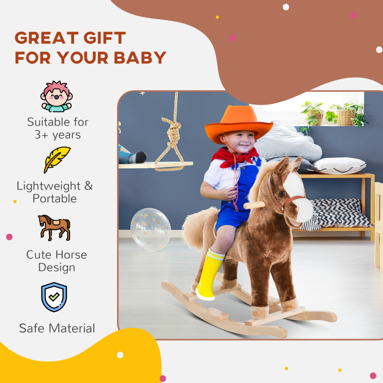 Qaba Kids Rocking Horse, Plush Toddler Rocker, Wooden Base Ride On Toy With Handle Grip, Traditional Toy For Kids 36M , Brown