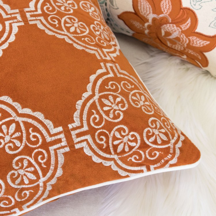 Burnt Orange Damask Embroidered Throw Pillow Boho Geometric Cushion
