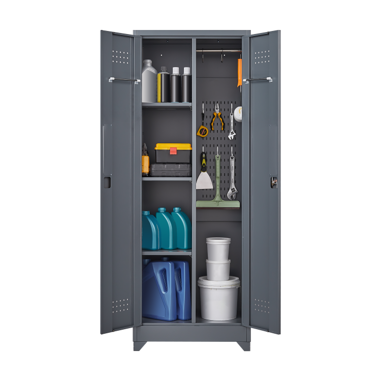 Broom Storage Cabinet With Locking Doors And Shelves, 65" H Metal Storage Cabinet With Hanging Rod & S Hooks, Cleaning Tool Storage Cabinet Grey