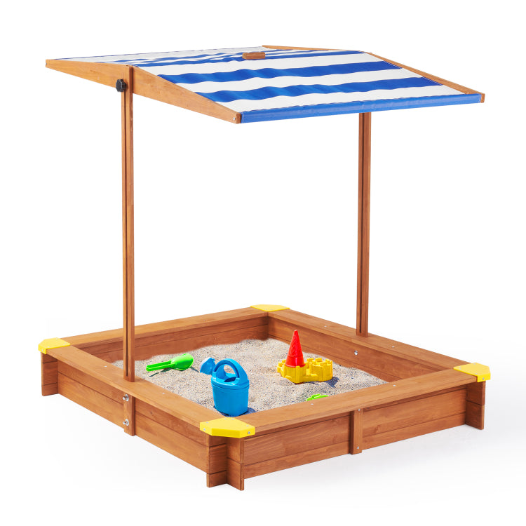 Kids Sandbox With Cover, 46" Wooden Sand Box W Adjustable Canopy, Large Outdoor Cedar Sandpit For Backyard Play