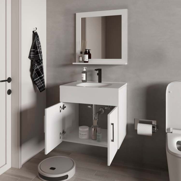 White 2 Door Floating Bathroom Vanity Set With Sink And Mirror