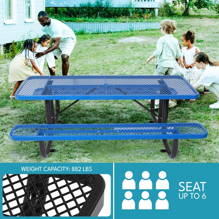 6 Ft. Rectangular Outdoor Steel Picnic Table With Umbrella Pole In Blue