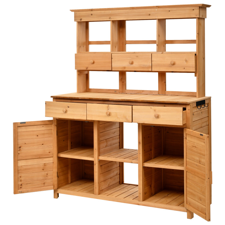 Assembly 65.7'' H Tall Garden Potting Bench Table With Hutch,Patio Storage Workstation With 3 Shelves,6 Drawers,2 Bottom Cabinets&Side Hooks For Mudroom,Doorway, Natural