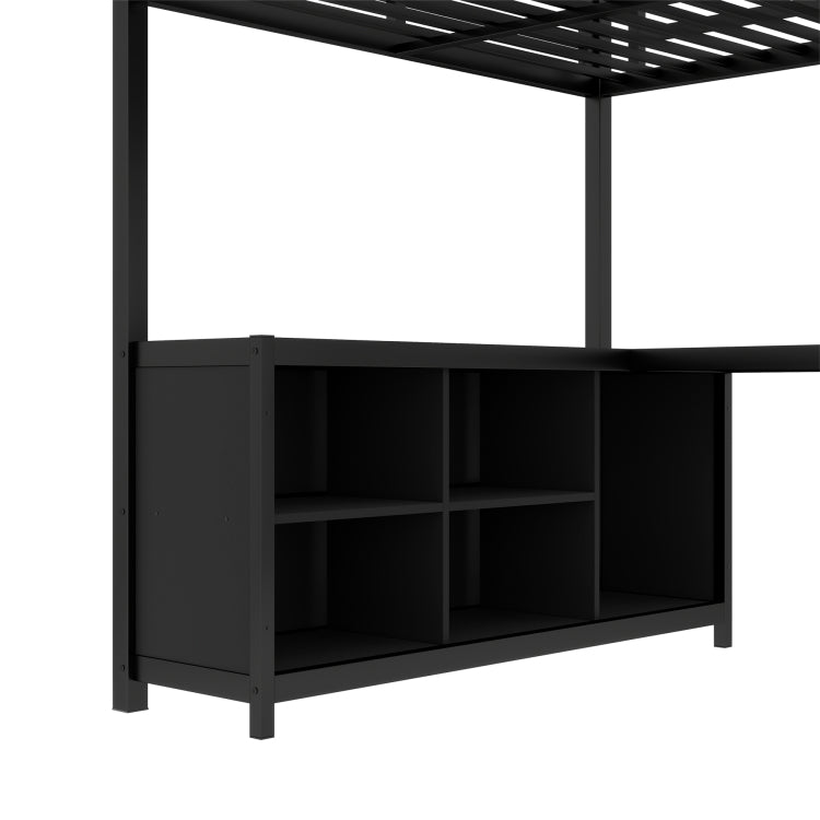 Metal Loft Bed With Wardrobe And L Shaped Desk, Full Size Loft Bed With Storage Cubes And Shelves, Loft Bed For Kids Teens Adults, Black