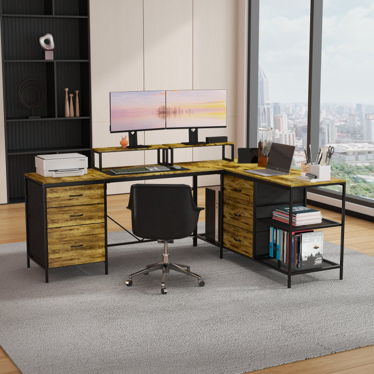 114" L Shaped Desk With Power Hub, Industrial Gaming Desk 6 Drawers, Removable Monitor Stand, Rustic Brown Home Office