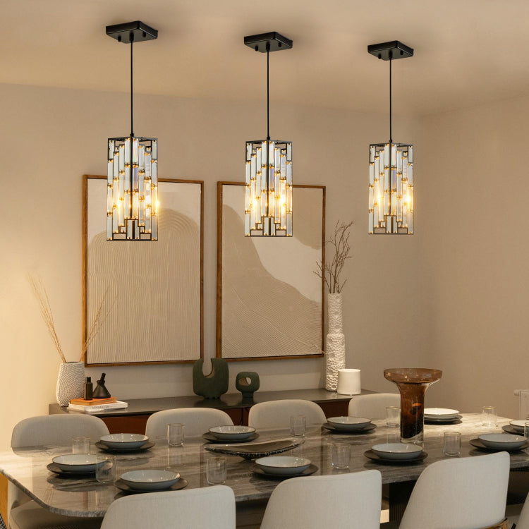 4" Modern Crystal Pendant Light 3 Pack, Adjustable Hanging Ceiling Lamp With Crystal Prism Design For Dining Room, Kitchen Island, And Living Room Black Finish