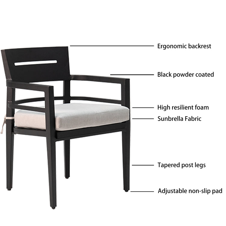 7 Piece Outdoor Patio Aluminum Furniture, Modern Dining Set, Including 4 Dining Chairs & 2 Swivel Rockers Sunbrella Fabric Cushioned And Rectangle Dining Table With Umbrella Hole, Ember Black