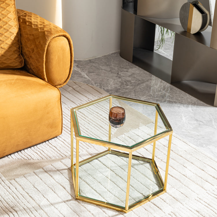 Luxury Hexagonal Side Table, Clear Tempered Glass Top With Gold Stainless Steel Frame, Accent Coffee Table For Living Room, Bedroom, Or Office