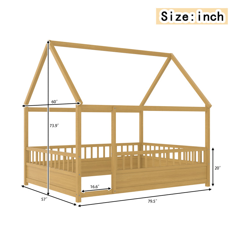 Full Size Floor Wooden Bed With House Roof Frame, Fence Guardrails Full,Natural