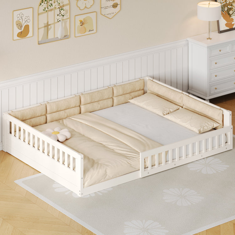 Wood Full Size Upholstered Platform Bed With Guardrail And Pillow, Beige