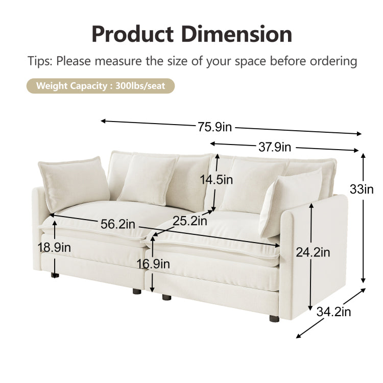Modern Fabric Loveseat Sofa Couch For Living Room, Upholstered Large Size Deep Seat 2 Seat Sofa With 4 Pillows ,White Chenille