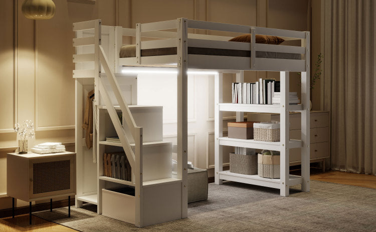 Twin Size Loft Bed With Shelves, Storage Staircase, Small Wardrobe And White Led Light, White