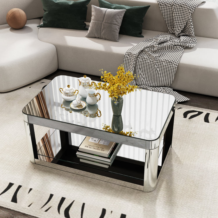 Baked Curved Mirror Coffee Table For Living Room, Modern Glass Coffee Table With Glass Top, Rectangular Center Table Premium Furniture