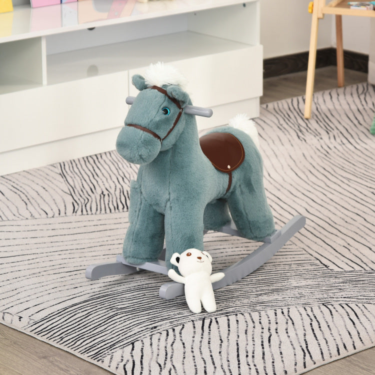 Qaba Kids Plush Ride On Rocking Horse With Bear Toy, Children Chair With Soft Plush Toy & Fun Realistic Sounds, Blue
