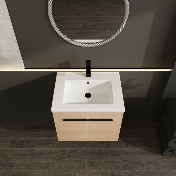 Oak 24 Inch Bathroom Vanity With Resin Countertop Sink, 2 Doors Bathroom Cabinet Set