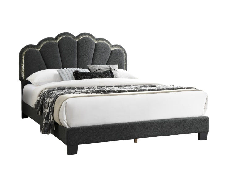 Full Size Bed Charcoal Wool Fabric Floral Design Headboard W Led Fully Upholstered Platform Bedroom Furniture
