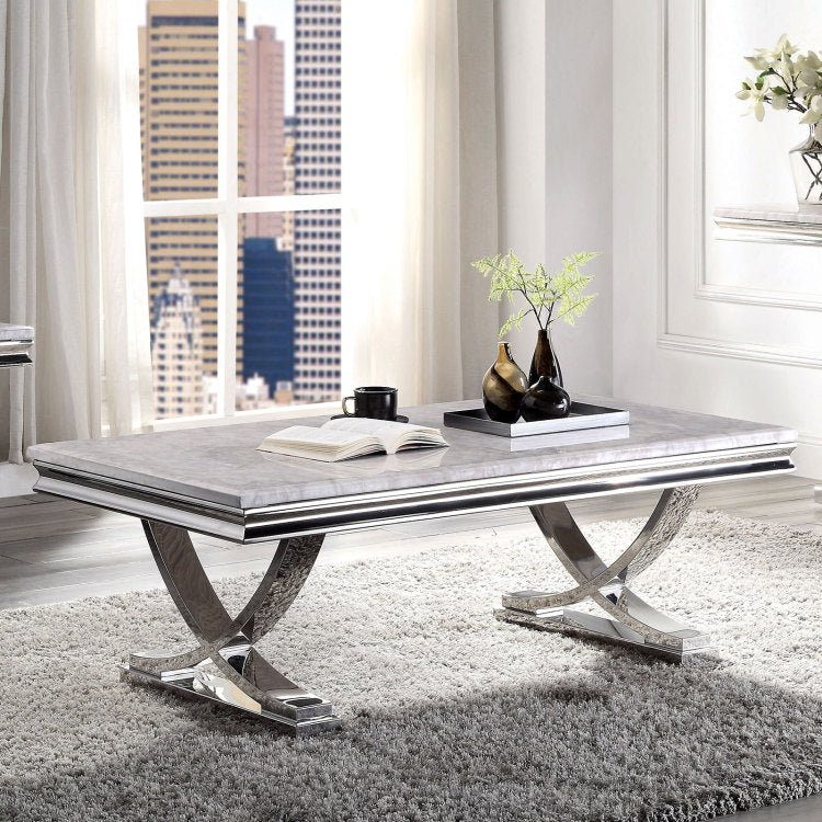 Modern Glam Style Coffee Table With 18Mm Faux Marble On Top Pedestal Base Metal Structure Stainless Steel Chrome Finish