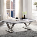 Modern Glam Style Coffee Table With 18Mm Faux Marble On Top Pedestal Base Metal Structure Stainless Steel Chrome Finish