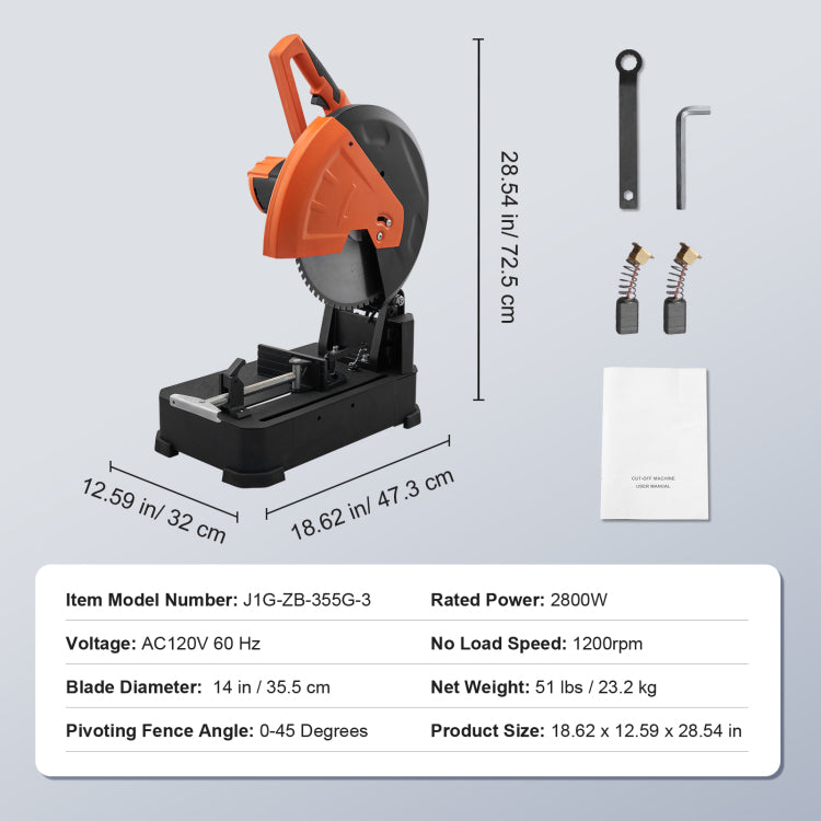 Chop Saw, 14" 355Mm Blade Diameter Cut Off Saw, 2800W 1200Rpm Steel Cutting Machine, 0 45 Adjustable Dry Cut Chop Saw, Miter Saw For Cutting Metal Cold Cut Saw For Steel Rebar Iron Aluminum