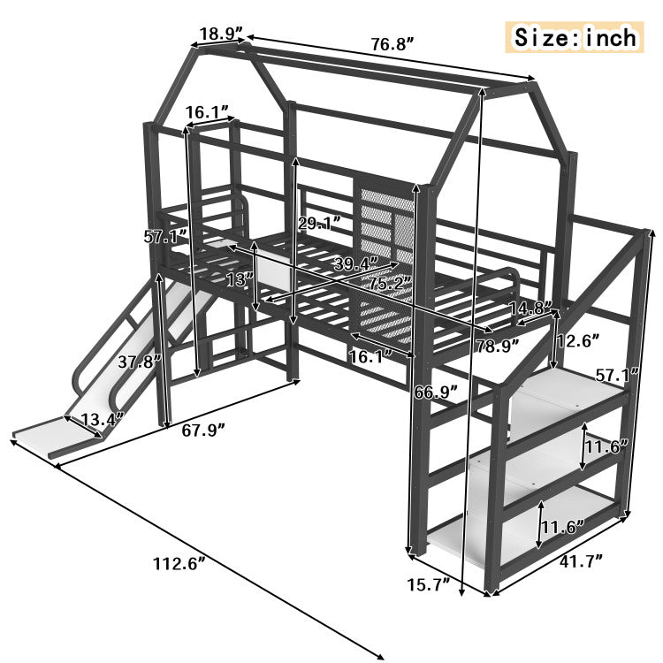 Twin House Loft Bed With Slide And Stairs, Metal Playhouse Bed With Storage Shelves, House Shaped Roof And Noise Free Design, Black
