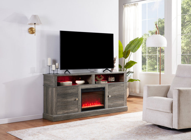Iris 70"W Gray Walnut Finish Tv Stand Console With Fireplace And Heater