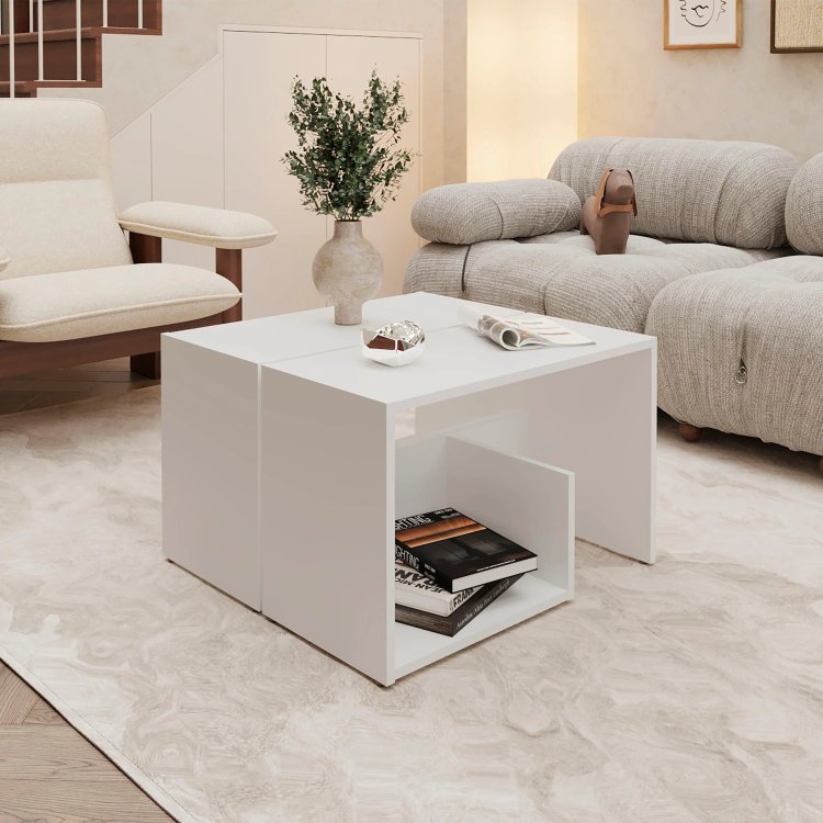 White Side Table In Melamine With Open Storage