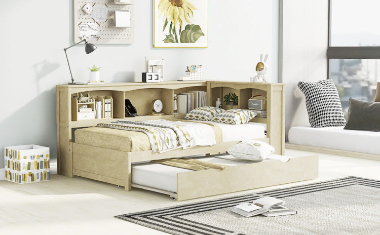 Twin Size Daybed With Trundle, Storage Cabinets And Usb Ports, Wood Color